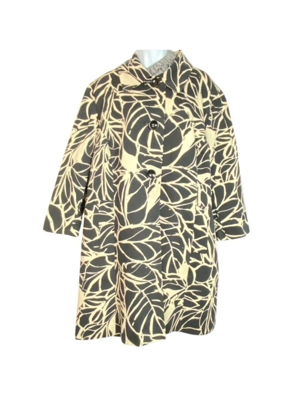 Vintage Anne Klein Mid-Length Cotton Coat With Abstract Leaf Pattern & Slip Pock